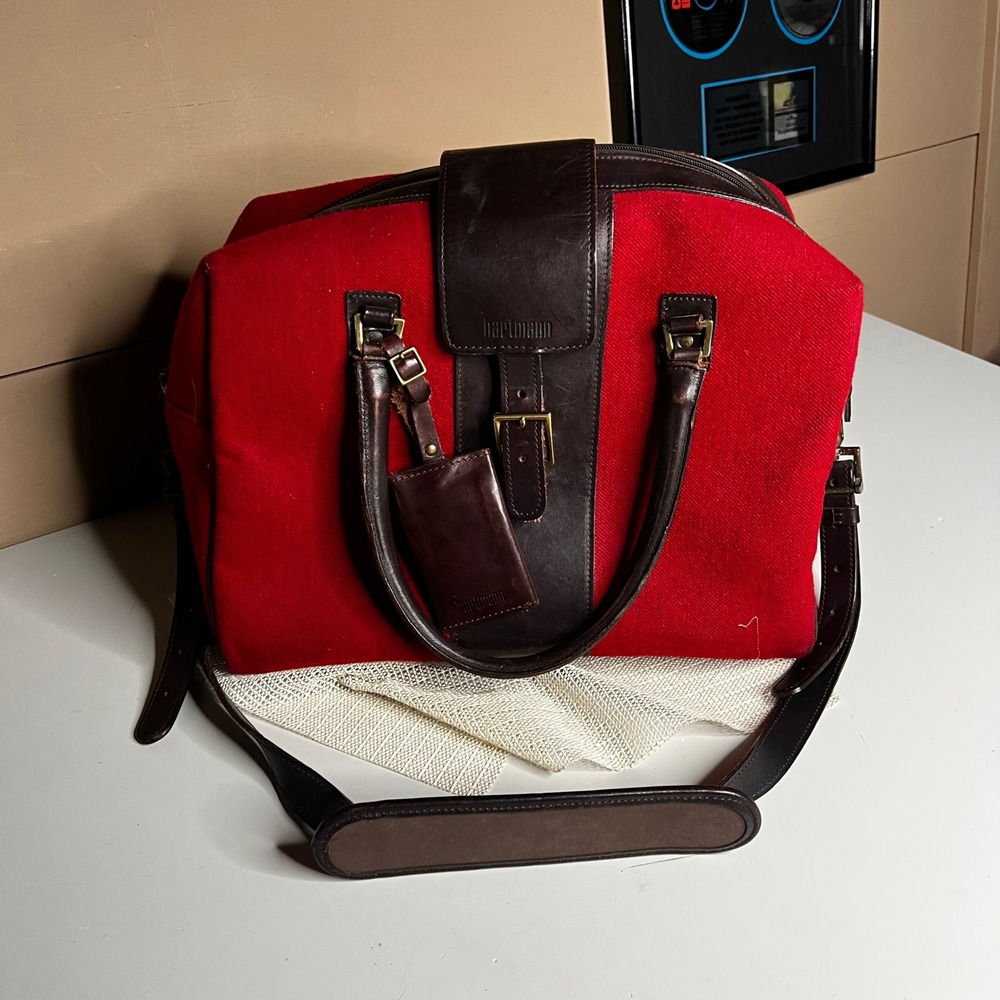 Hartmann‎ Vintage Red Wool Leather Trim Duffel Bag Travel Carry On Luggage